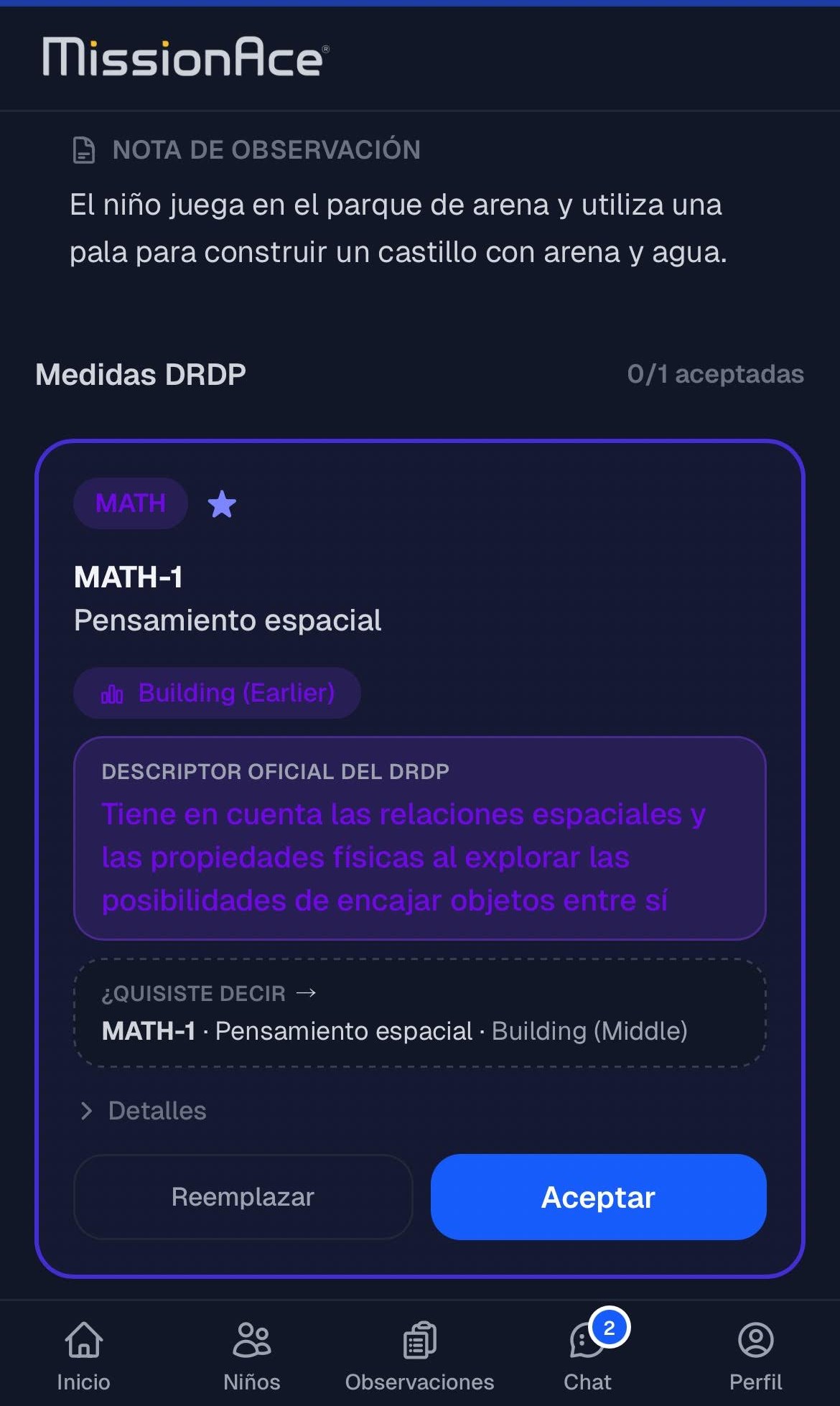 The app suggests a DRDP measure for a spoken observation; the teacher accepts or replaces it